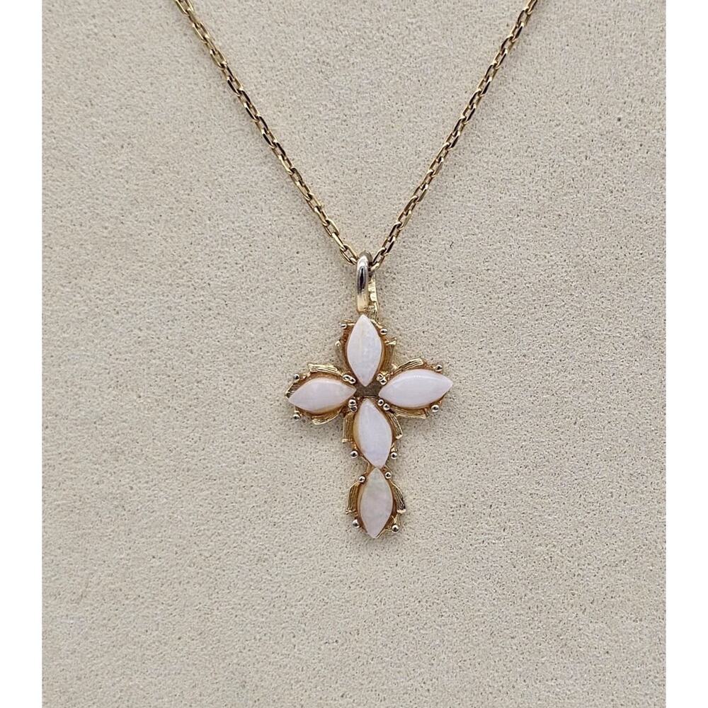 Gold Toned Opal Cross Pendant With Chain